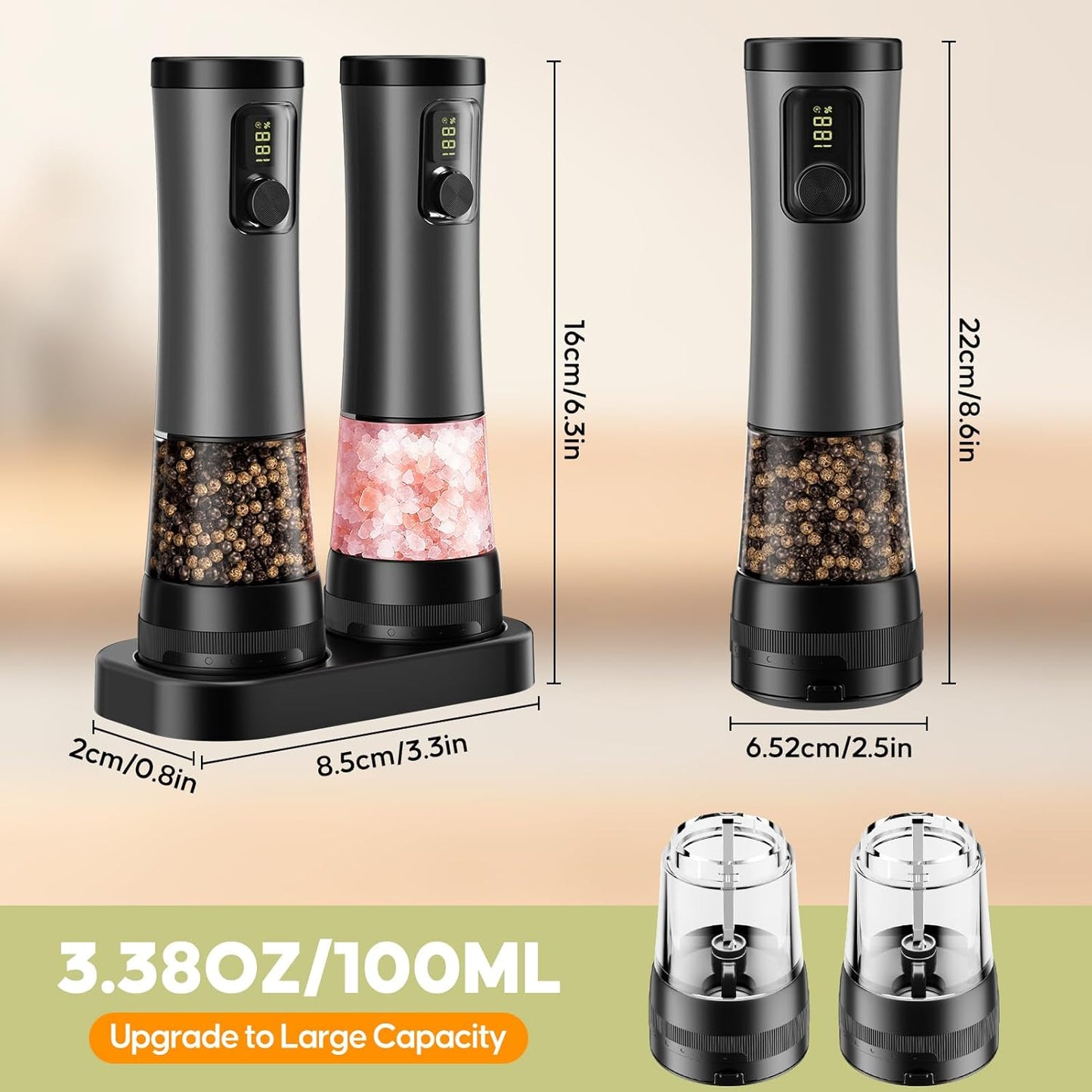 Electric Salt & Pepper Grinder Set – One-Handed Operation, Adjustable Coarseness, LED Light, Perfect for Kitchen & Dining 🍽️✨