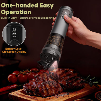 Electric Salt & Pepper Grinder Set – One-Handed Operation, Adjustable Coarseness, LED Light, Perfect for Kitchen & Dining 🍽️✨