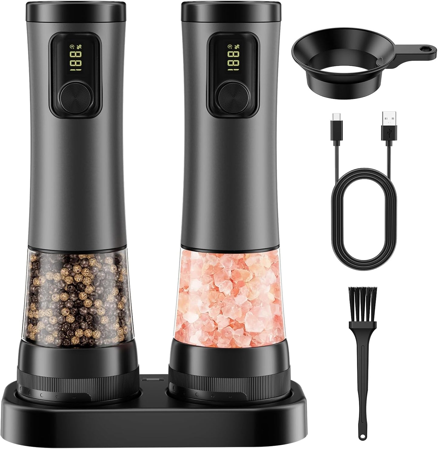 Electric Salt & Pepper Grinder Set – One-Handed Operation, Adjustable Coarseness, LED Light, Perfect for Kitchen & Dining 🍽️✨