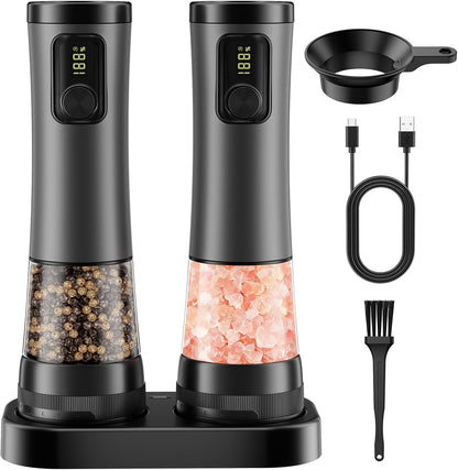 Electric Salt & Pepper Grinder Set – One-Handed Operation, Adjustable Coarseness, LED Light, Perfect for Kitchen & Dining 🍽️✨