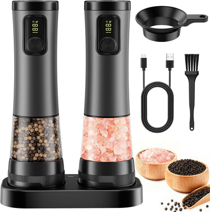 Electric Salt & Pepper Grinder Set – One-Handed Operation, Adjustable Coarseness, LED Light, Perfect for Kitchen & Dining 🍽️✨