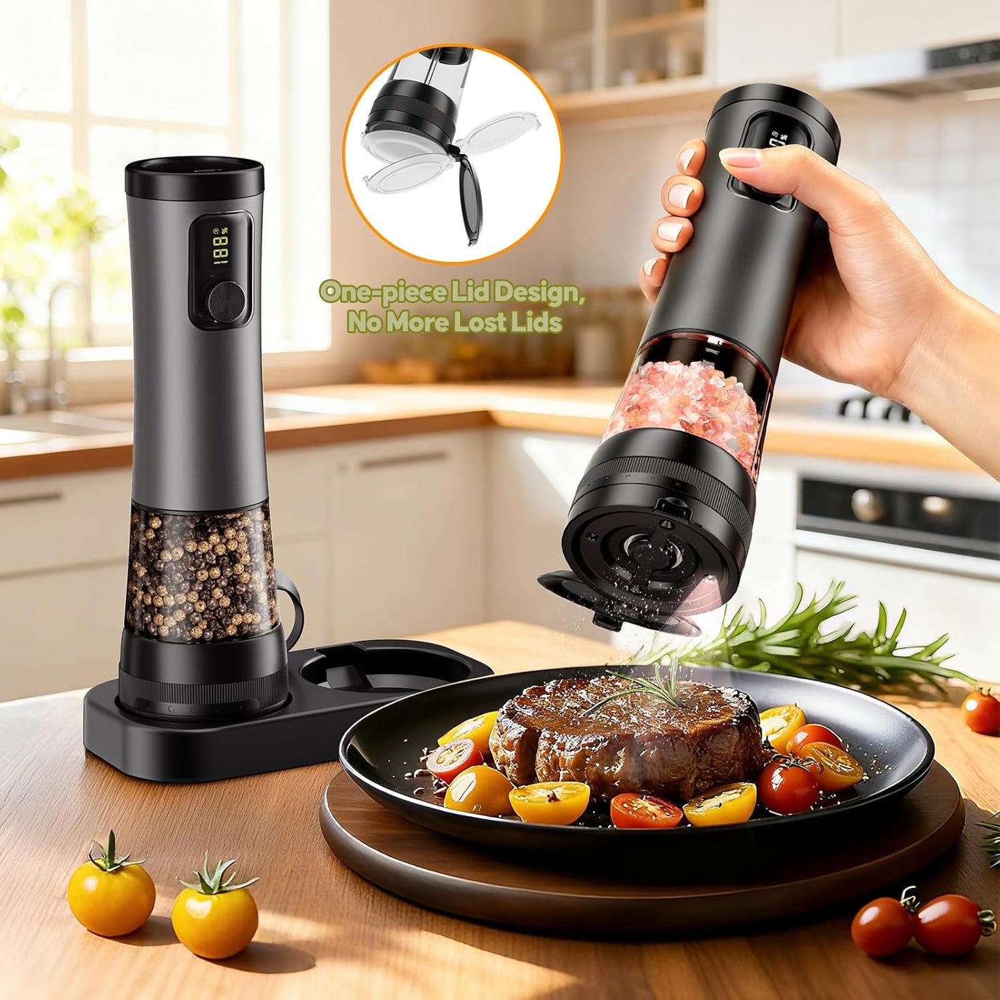 Electric Salt & Pepper Grinder Set – One-Handed Operation, Adjustable Coarseness, LED Light, Perfect for Kitchen & Dining 🍽️✨